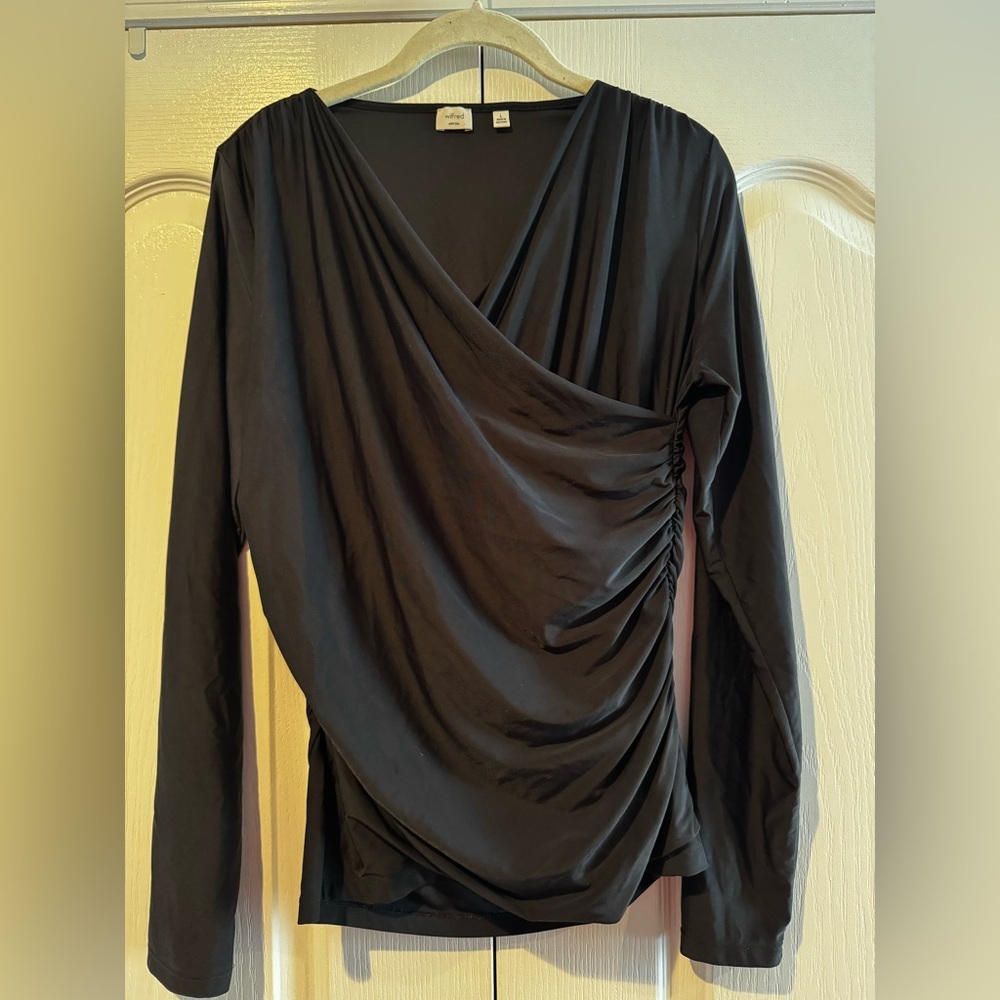 Wilfred by Aritzia Black Draped V-Neck Crossover Ruched Blouse - Size L